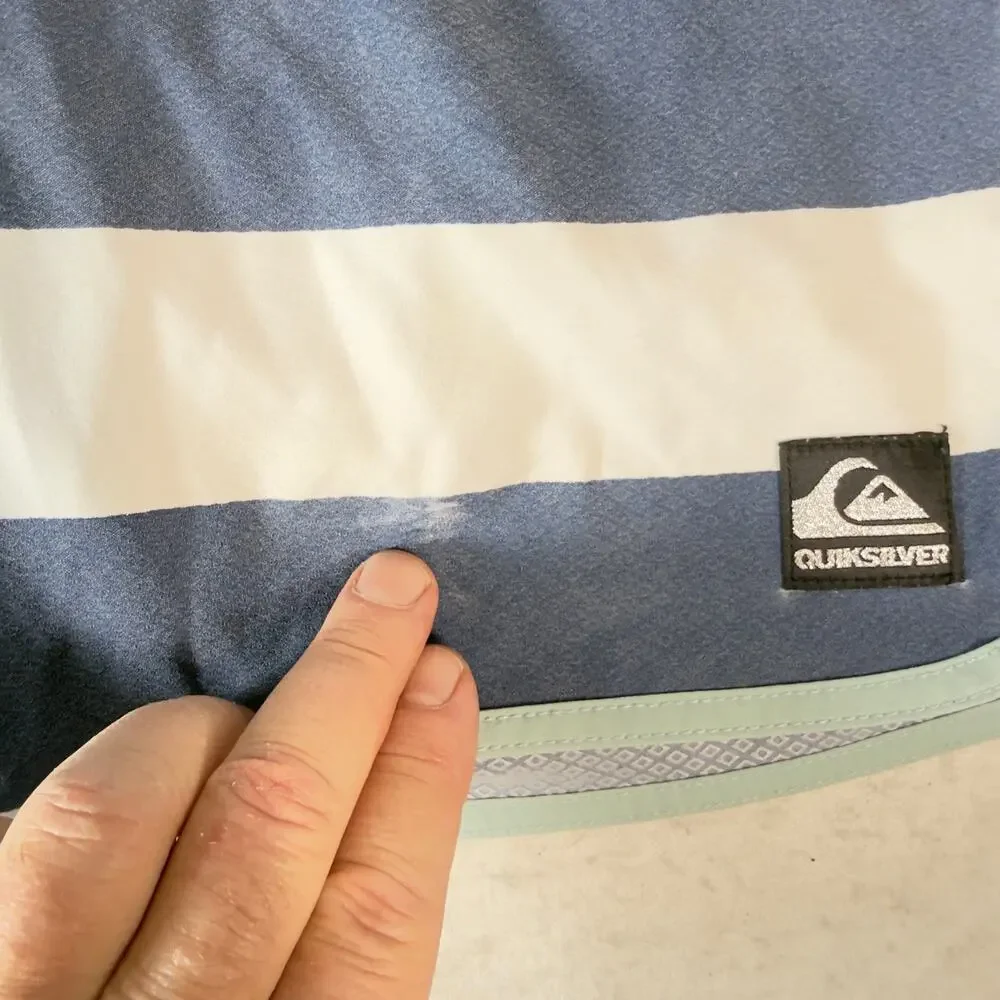Quiksilver W34 Board Shorts Blue Stripe Swim Trunk Recycled Polyester Drawstring